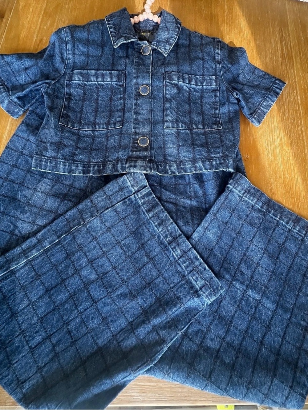 NWT β§π House of Harlow 1960 πβ§ Dark Blue Quilted Denim Set Wide Leg Jeans S - Picture 2 of 4